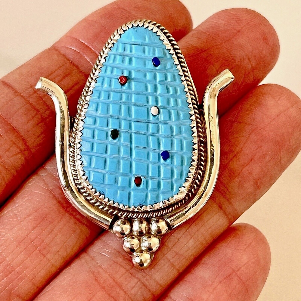 Zuni Inlay Ear Corn Maiden Pendant Pin Carved Turquoise Signed Brooch Huge Big